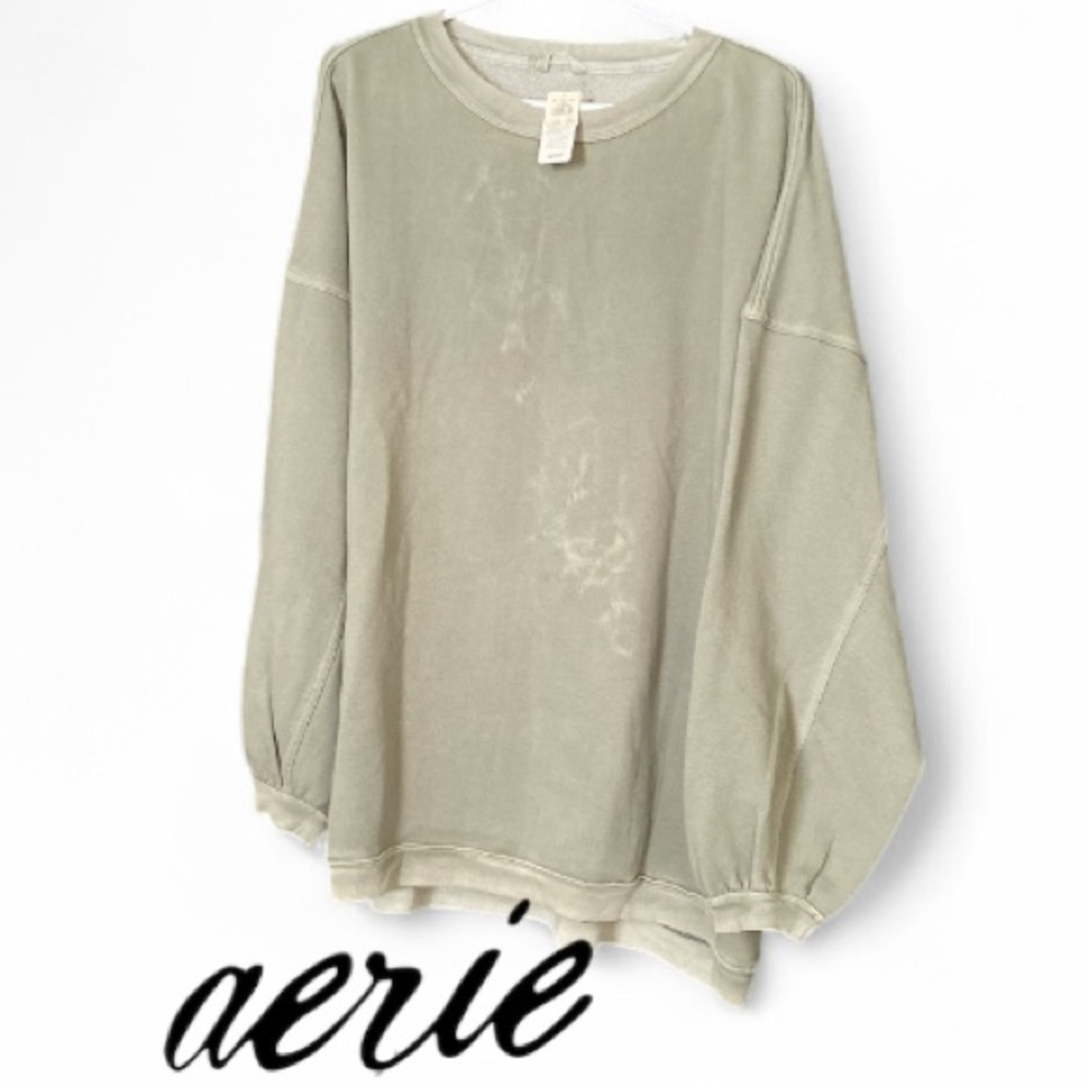 XL Aerie Oversized Sage Green  Distressed Sweatshirt with Balloon Sleeves, NWT - Picture 4 of 17